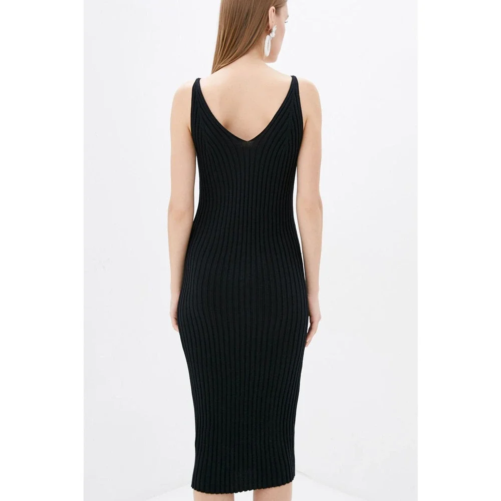 DASTI Knit Black Dress Ribbed Bodycon Midi Sweater Sleeveless V-Neck Knitted - Picture 5 of 6